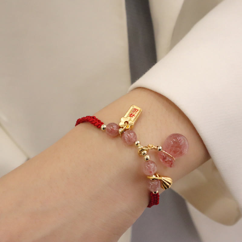 Fortune Jewel Natural Strawberry Quartz Money Bag Lotus Healing Charm Red String Braided Bracelet