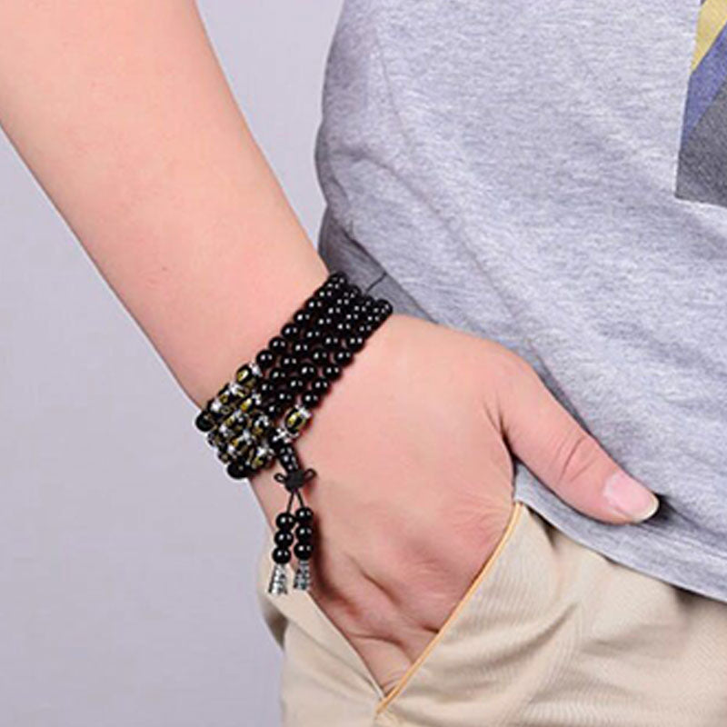 Fortune Jewel Black Obsidian Six True Words Protection Mala Bracelet