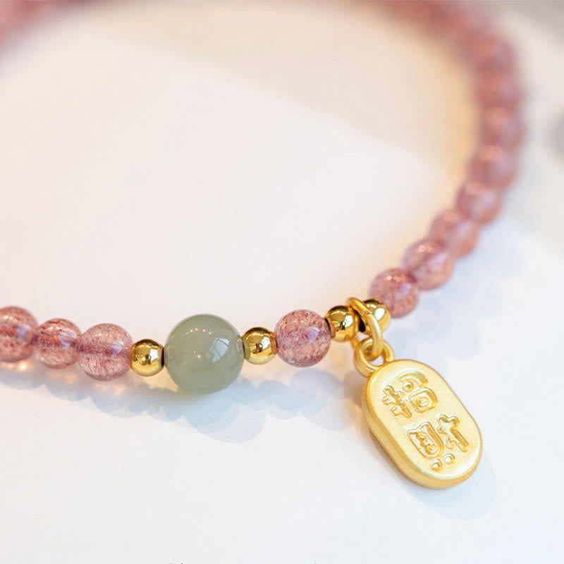 Fortune Jewel Natural Strawberry Quartz Garnet Jade Lucky Fortune Fu Character Healing Charm Bracelet