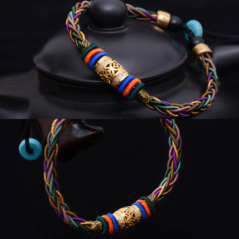 Fortune Jewel Tibetan Handmade Eight Thread Knot Copper Coin Luck Weave String Bracelet