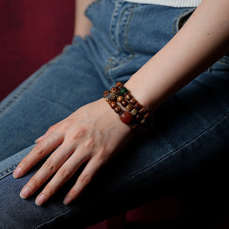 Fortune Jewel Tibetan Bodhi Seed Amber Dzi Bead Agate Zakiram Goddess of Wealth Beads Triple Wrap Bracelet