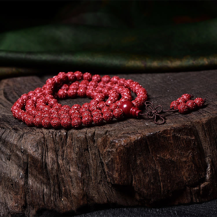 Fortune Jewel 108 Mala Beads Cinnabar Om Mani Padme Hum Pattern Engraved Blessing Bracelet
