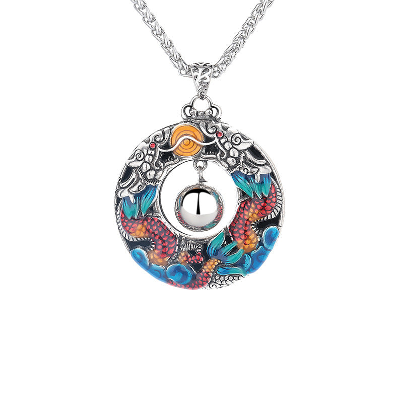 Fortune Jewel Year of the Dragon Colorful Double Dragons Playing Bead Copper Protection Necklace Pendant