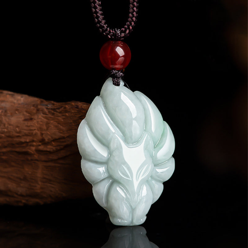 Fortune Jewel Natural Jade Nine Tailed Fox Luck Prosperity Necklace Pendant
