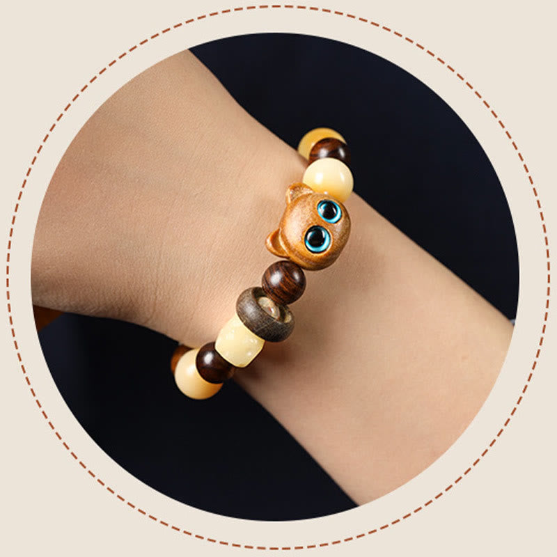 Fortune Jewel Natural Bodhi Seed Sandalwood Lucky Cute Cat Head Paw Claw Peace Bracelet