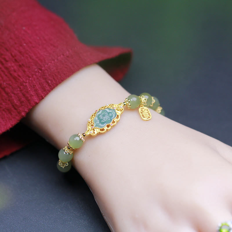 Fortune Jewel 925 Sterling Silver Plated 14K Gold Hetian Jade Lotus Luck Bracelet