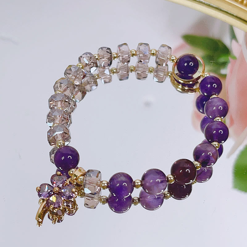 Fortune Jewel Amethyst Crystal Four Leaf Clover Healing Charm Bracelet