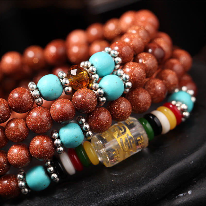Fortune Jewel 108 Mala Beads Goldstone Om Mani Padme Hum Swastika Confidence Bracelet