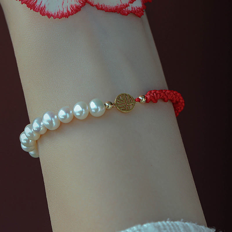 Fortune Jewel 14K Gold Plated Pearl Bead Luck Protection Braid Red String Bracelet