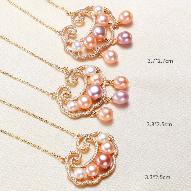Fortune Jewel 18K Gold Plated Natural Pearl Chinese Lock Charm Sincerity Necklace Pendant