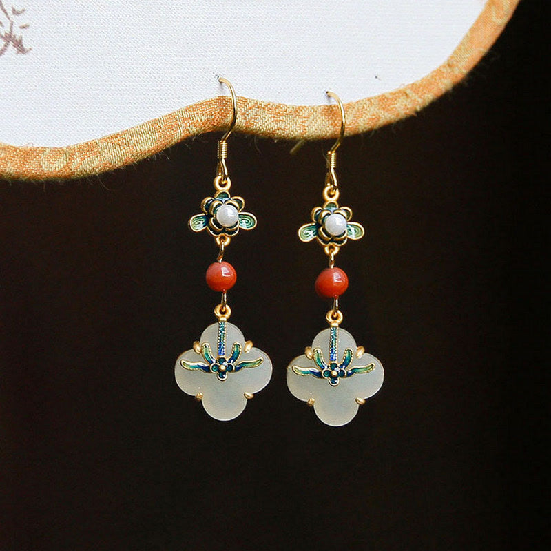 Fortune Jewel Lucky Four Leaf Clover Jade Abundance Copper Earrings
