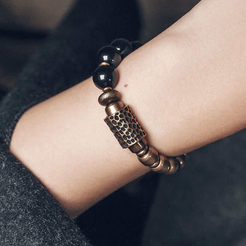 Fortune Jewel Lava Rock Stone Rainbow Obsidian Brass Support Healing Bracelet
