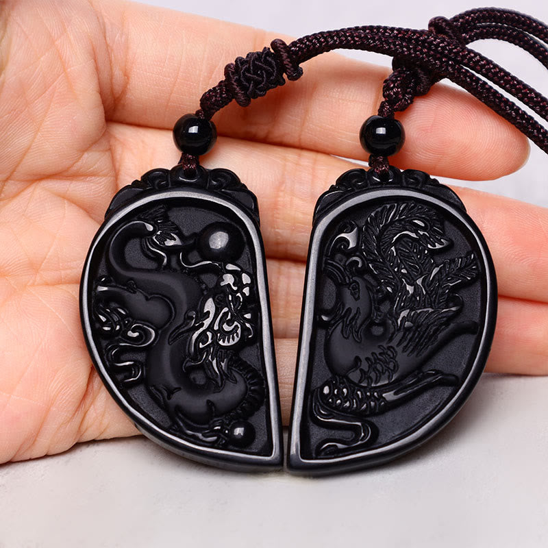 Fortune Jewel Black Obsidian Love Dragon Phoenix Protection Necklace Pendant