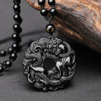 Fortune Jewel Natural Black Obsidian Peace Buckle Pixiu Purification Necklace Pendant