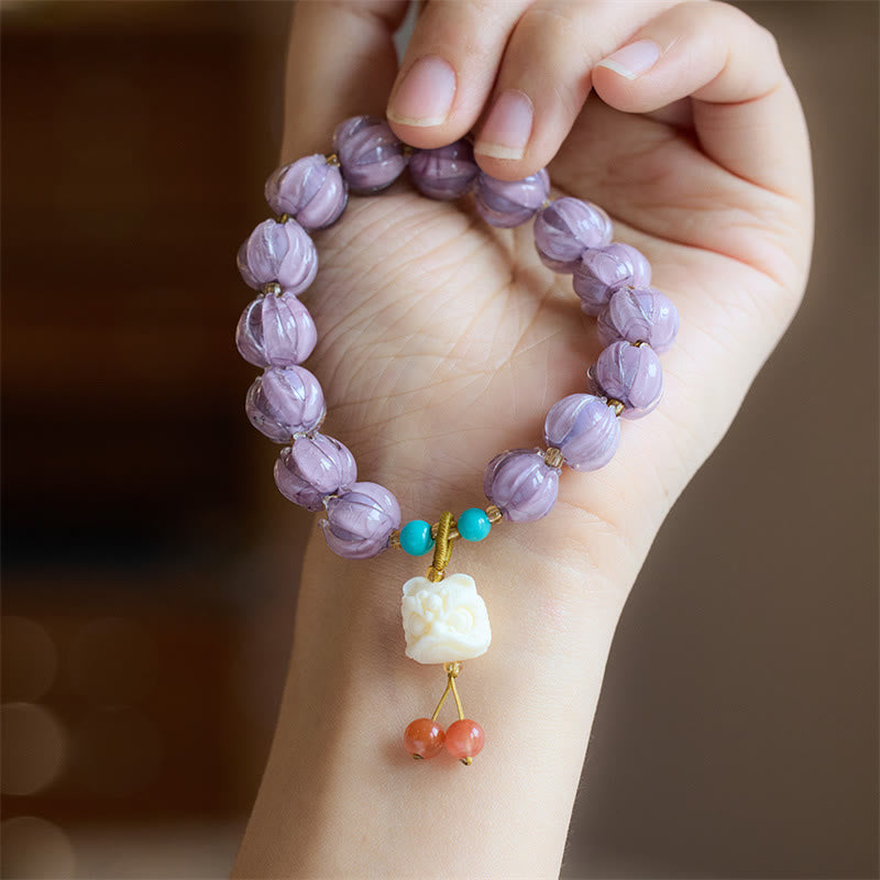 Fortune Jewel Liuli Glass Bead Lotus Design Fluorite Ivory Fruit Dancing Lion Charm Enlightenment Bracelet