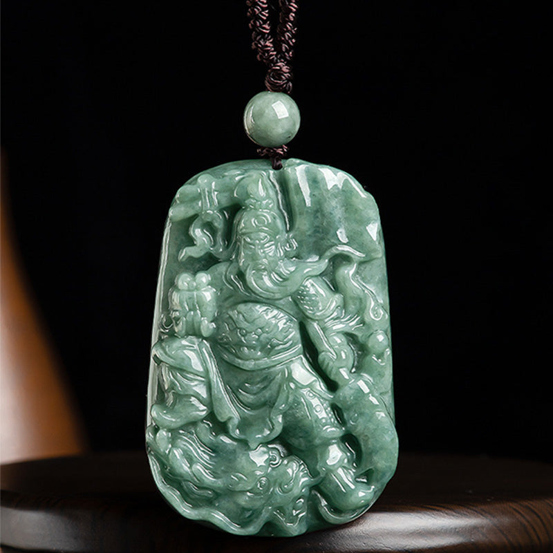 Fortune Jewel Natural Jade Guan Gong Amulet Wealth Necklace Pendant