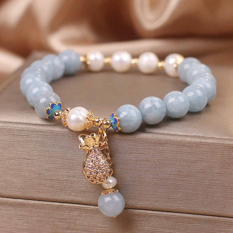 Fortune Jewel Aquamarine Pearl Fortune Money Bag Charm Bracelet