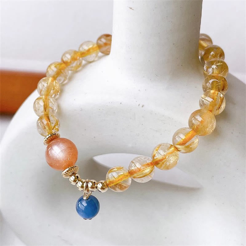 Fortune Jewel Natural Gold Rutilated Quartz Sun Stone Kyanite Wealth Bracelet