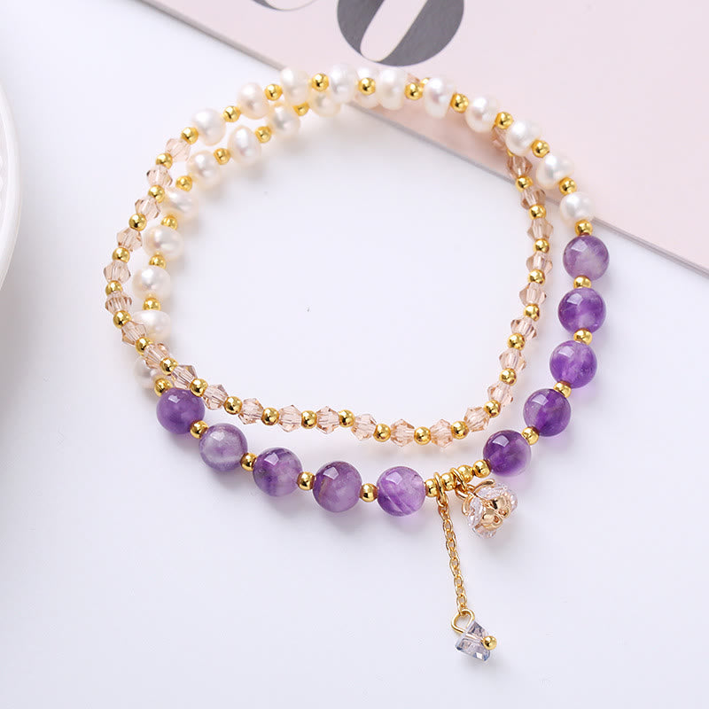 Fortune Jewel Natural Amethyst Aquamarine Strawberry Quartz Pearl Peace Healing Double Wrap Bracelet