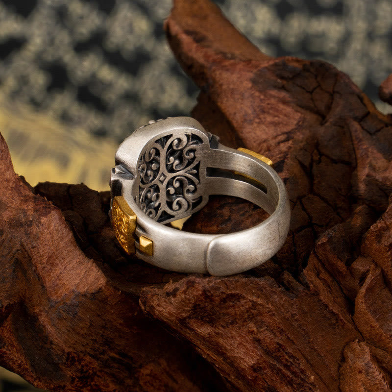 Fortune Jewel 925 Sterling Silver Zakiram Goddess of Wealth Design Dzi Bead Protection Ring