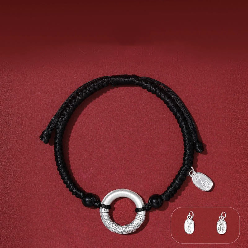 Fortune Jewel 925 Sterling Silver Black Onyx Peace Buckle Fu Character Charm Bracelet
