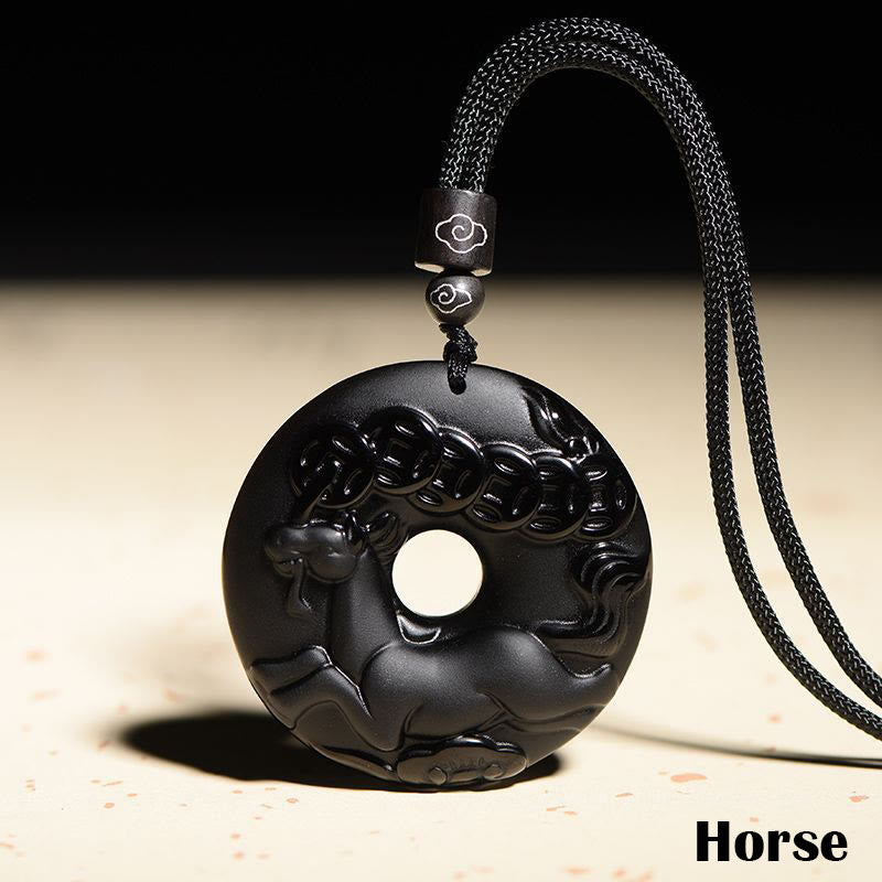 Fortune Jewel Chinese Zodiac Natural Black Obsidian Peace Buckle Strength Necklace Pendant