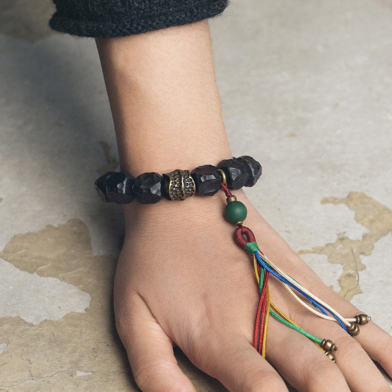 Fortune Jewel Tibet Ebony Wood Copper Peace Tassel Wrist Mala Bracelet