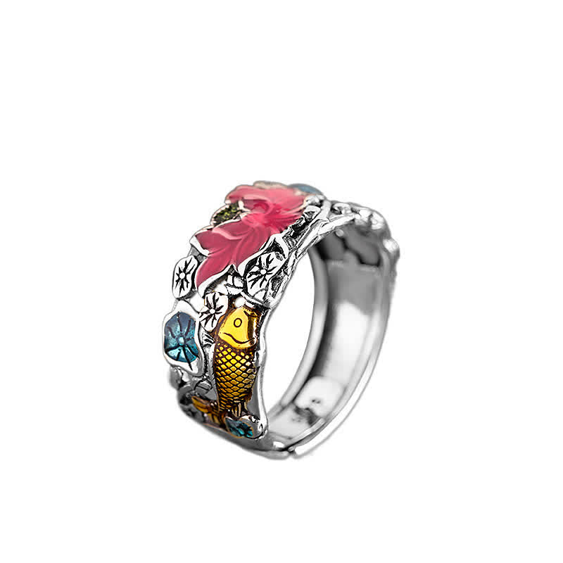 Fortune Jewel 925 Sterling Silver Lotus Koi Fish Enlightenment Ring Fortune Jewel