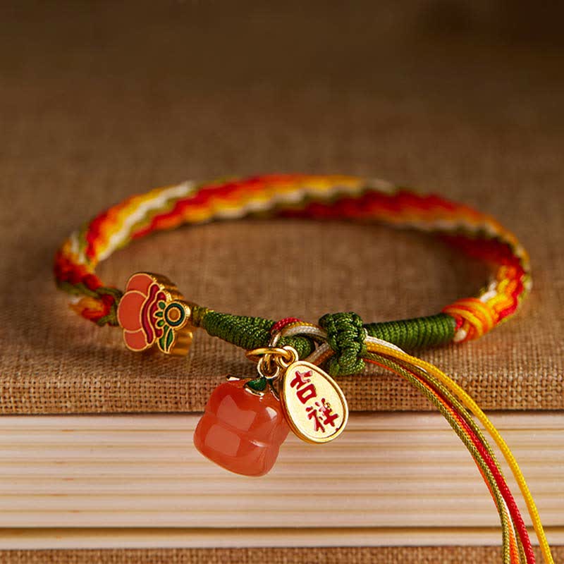 Fortune Jewel Persimmon Red Agate Strength Reincarnation Knot Braid String Bracelet