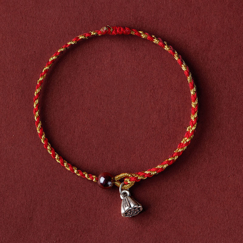Fortune Jewel Handcrafted Red Gold Rope Lotus Peace And Joy Charm Braid Bracelet