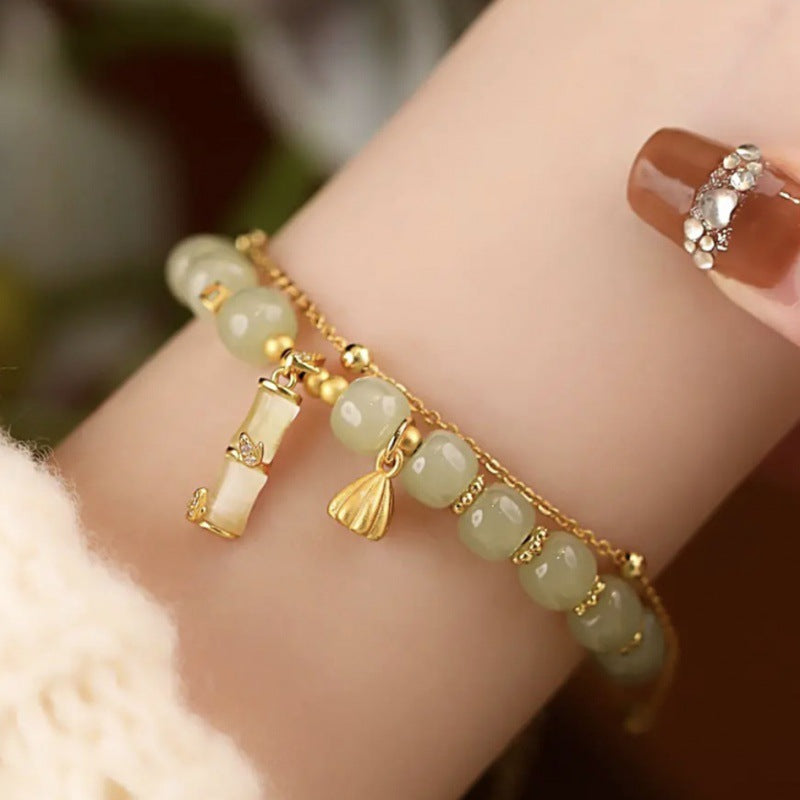 Fortune Jewel Natural Hetian Jade Prosperity Lotus Bamboo Charm Bracelet