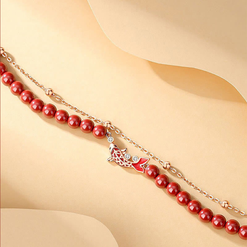 Fortune Jewel 925 Sterling Silver Lucky Koi Fish Cinnabar Zircon Prosperity Double Layer Chain Bracelet