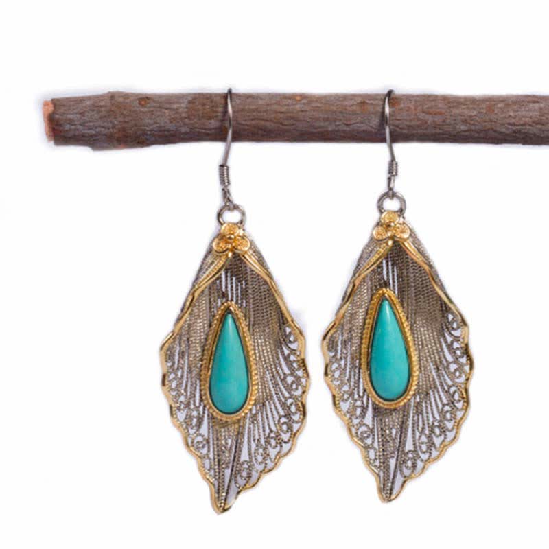 Fortune Jewel 925 Sterling Silver Turquoise Bodhi Leaf Pattern Protection Drop Dangle Earrings