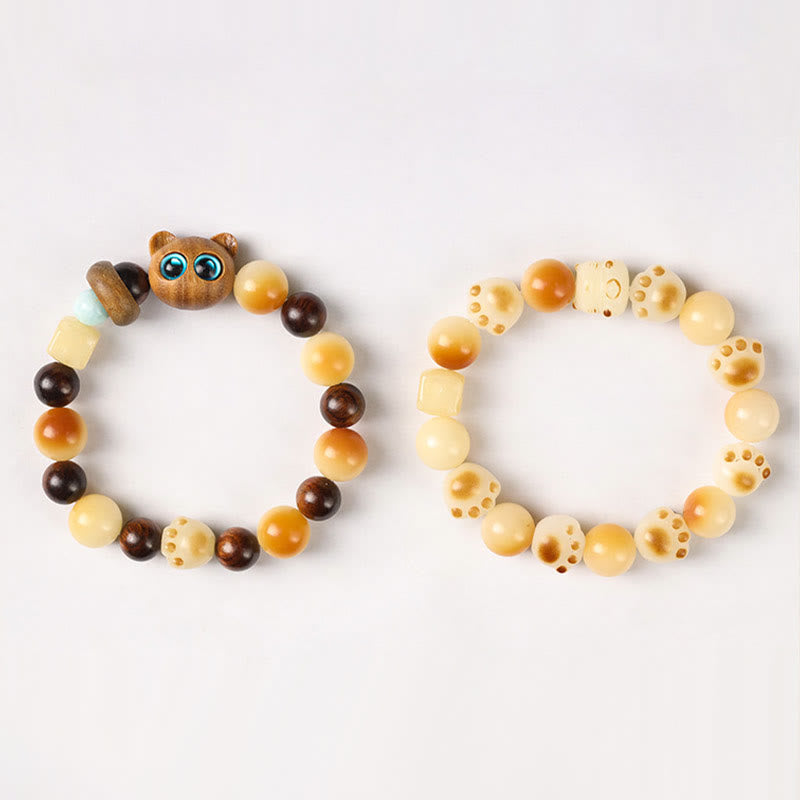 Fortune Jewel Natural Bodhi Seed Sandalwood Lucky Cute Cat Head Paw Claw Peace Bracelet