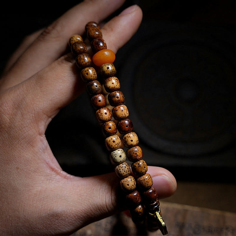 Fortune Jewel Tibetan Bodhi Seed Amber Dzi Bead Agate Zakiram Goddess of Wealth Beads Triple Wrap Bracelet