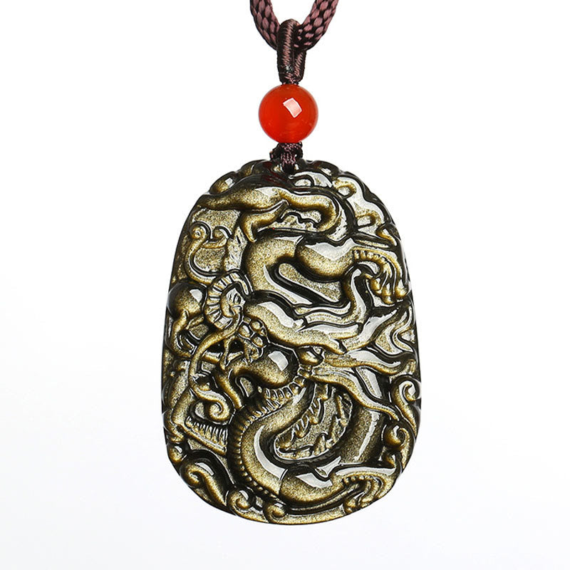 Fortune Jewel Gold Sheen Obsidian Dragon Pattern Success Necklace Pendant