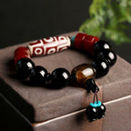 Fortune Jewel Tibetan Nine-Eye Dzi Bead Black Onyx Wealth Protection Bracelet
