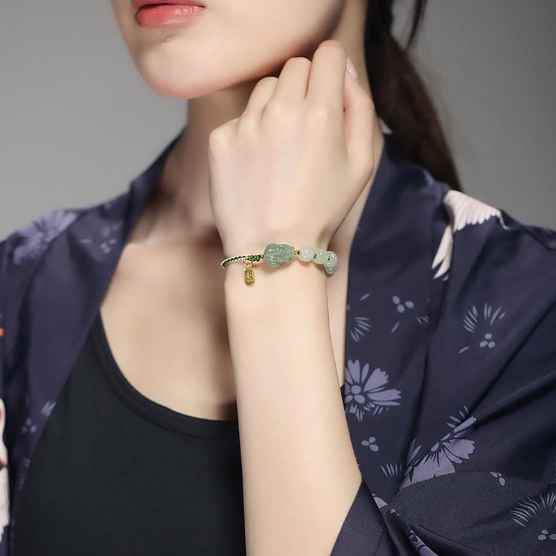 Fortune Jewel Natural Hetian Jade PiXiu Luck Fu Character String Bracelet