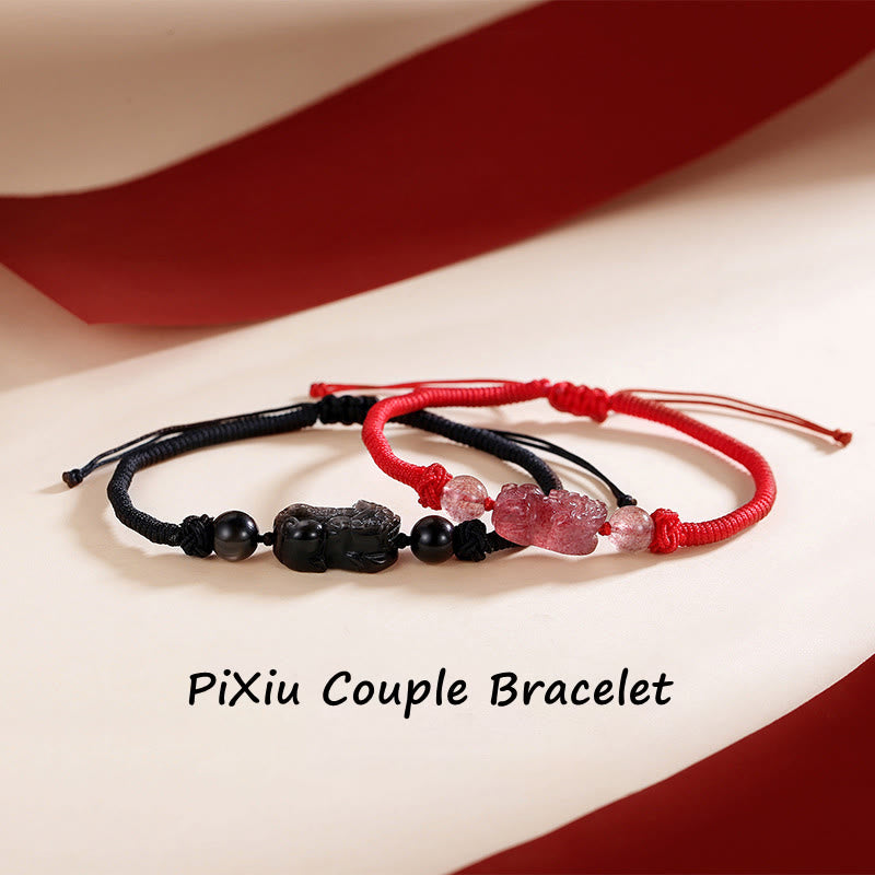Fortune Jewel Handmade Natural Silver Sheen Obsidian Strawberry Quartz PiXiu Protection Braided Bracelet
