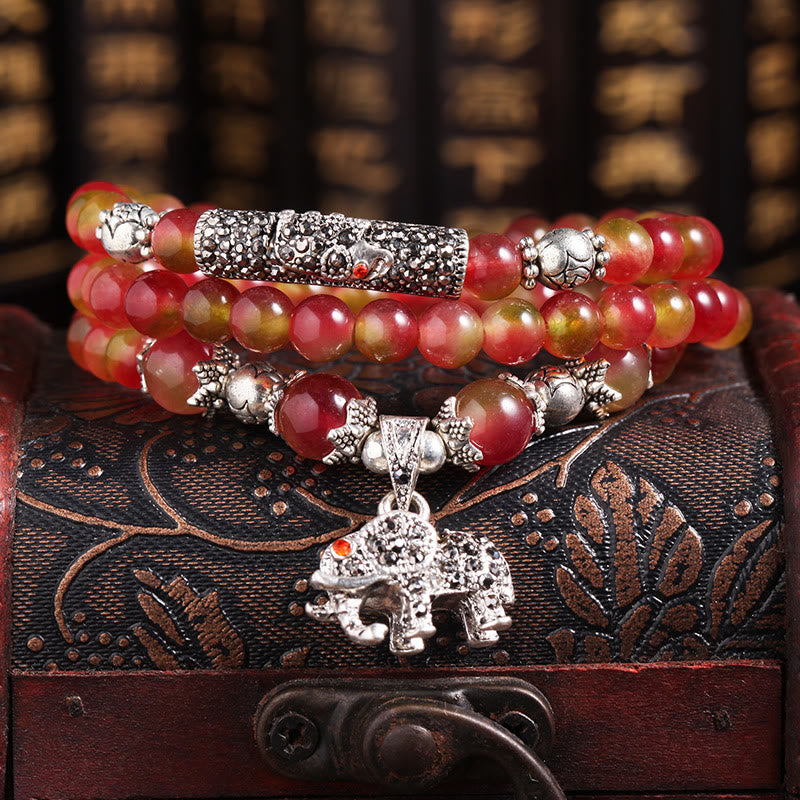 Fortune Jewel Natural Watermelon Tourmaline PiXiu Elephant Positive Triple Wrap Bracelet
