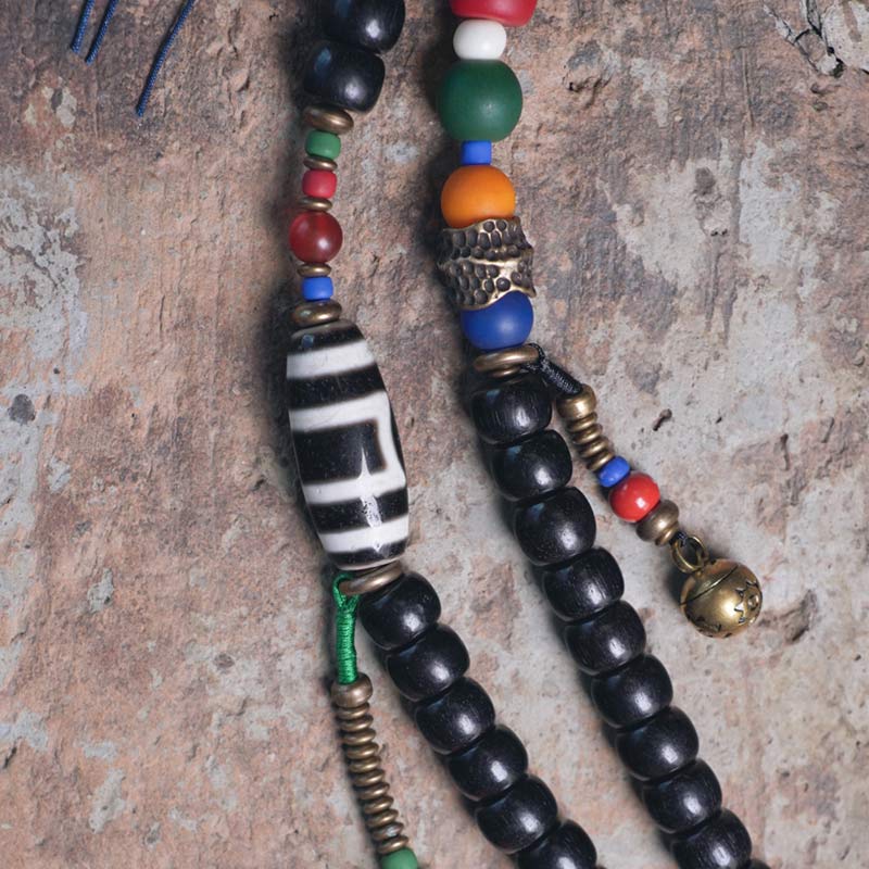 Fortune Jewel 108 Beads Mala Ebony Wood Dzi Bead Copper Balance Tassel Bracelet
