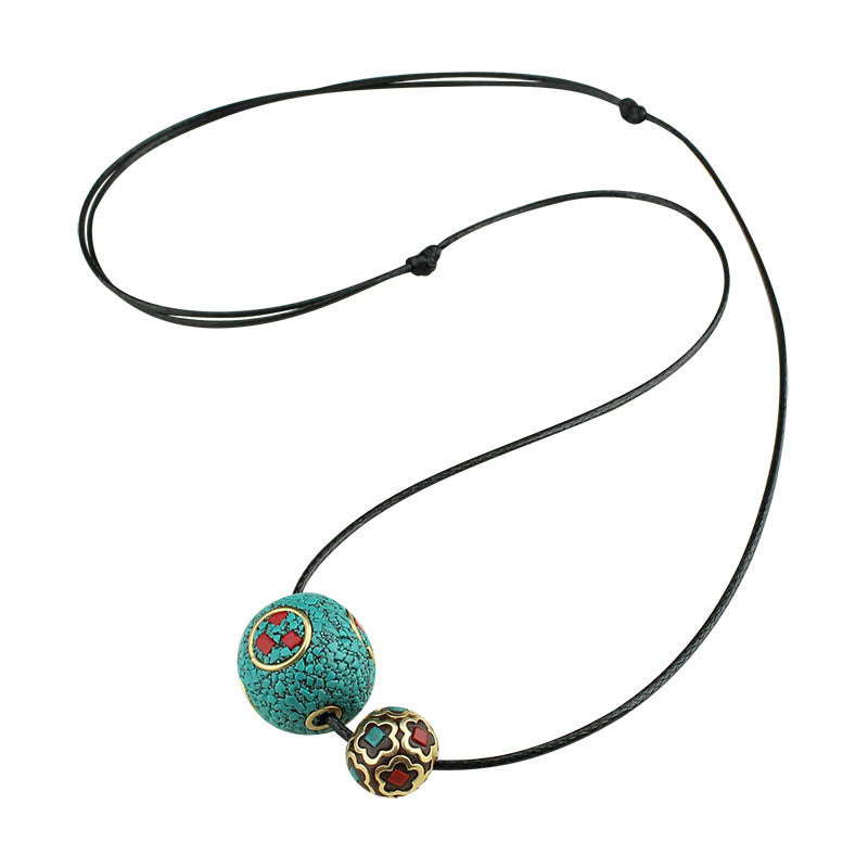 Fortune Jewel Tibetan Turquoise Double Bead Protection Strength Necklace Pendant
