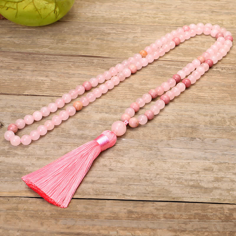 Fortune Jewel 108 Mala Beads Pink Crystal Love Tassel Bracelet