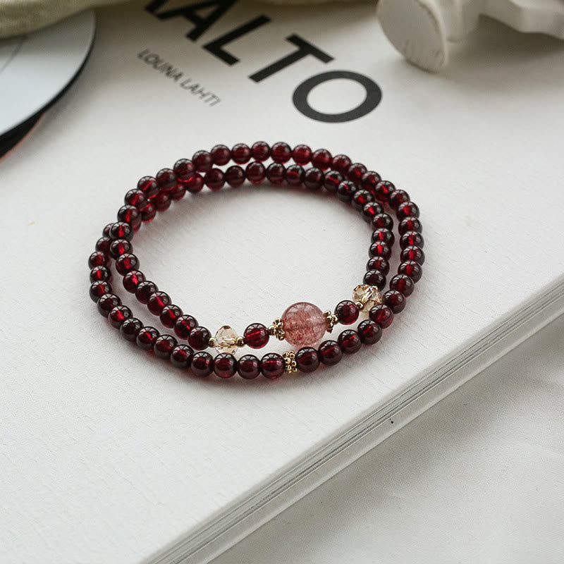 Fortune Jewel 14K Gold Plated Natural Garnet Strawberry Quartz Stability Double Wrap Bracelet