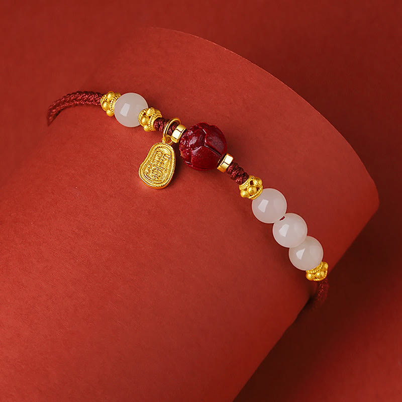 Fortune Jewel 24K Gold Plated Hetian White Jade Cinnabar Lotus Luck Rope Bracelet