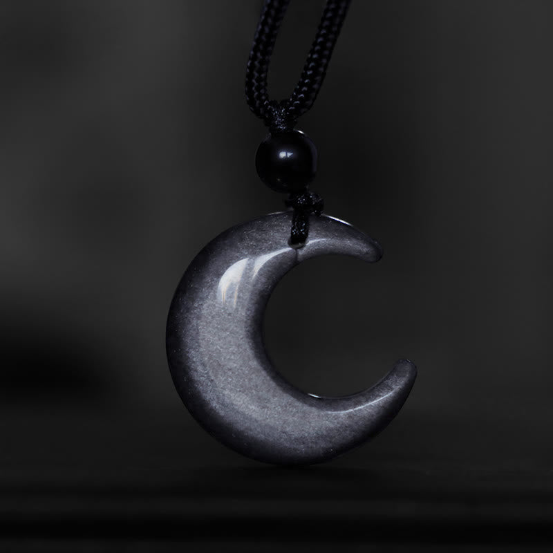 Fortune Jewel Natural Silver Sheen Obsidian Selenite Crystal Crescent Moon Yin Yang Couple Protection Necklace Pendant