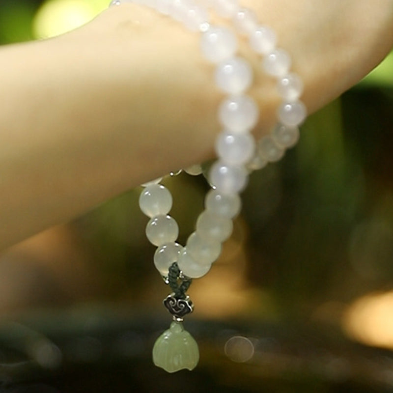 Fortune Jewel White Agate Jade Lotus Protection Bracelet