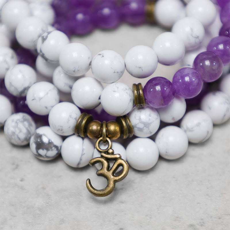 Fortune Jewel 108 Mala Beads Amethyst White Turquoise OM Healing Meditation Energy Bracelet
