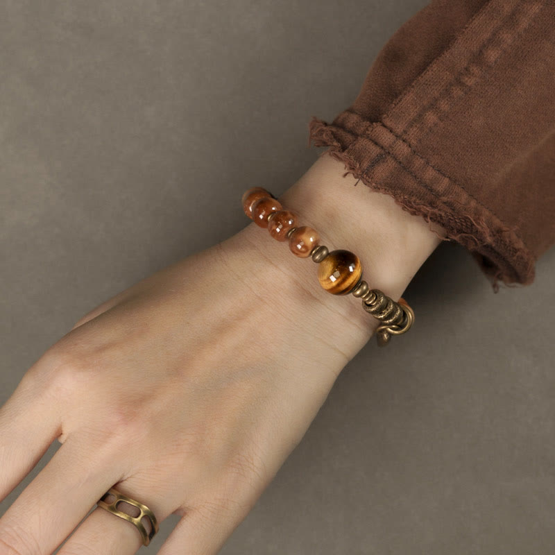 Fortune Jewel Kuka Seed Tiger Eye Gold Sheen Obsidian Brass Copper Wealth Luck Bracelet