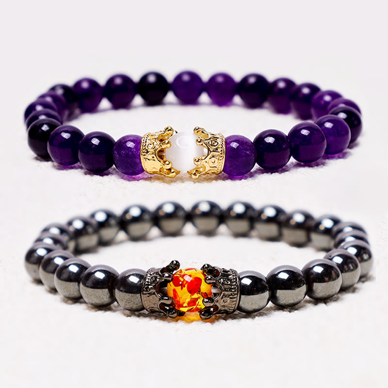 Fortune Jewel Natural Stone King&Queen Crown Healing Energy Beads Couple Bracelet